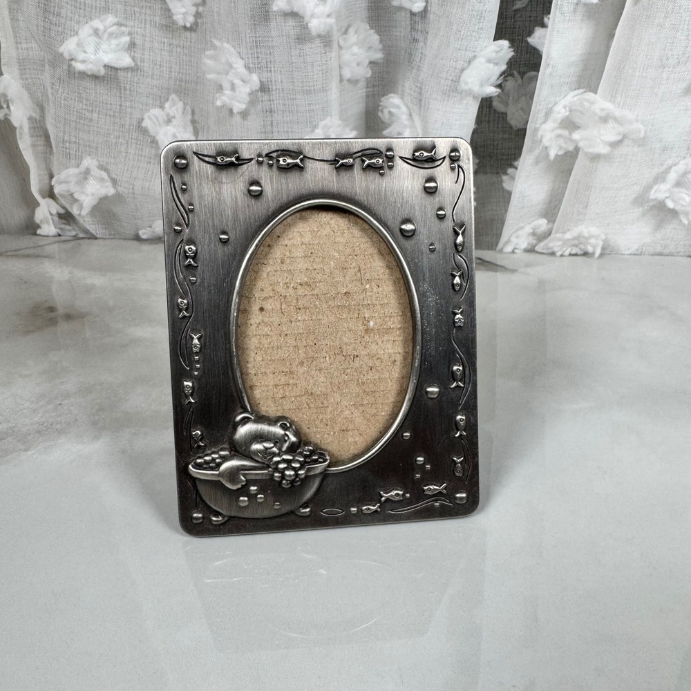Burnes of Boston Small Pewter Baby Desk Top Photo Picture Frame Bear in Bath